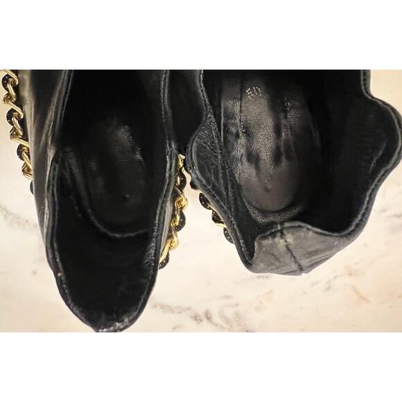 VINTAGE FALL 2008 BERNHARD WILLHELM GOLD CHAIN BLUE/BEIGE WEDGE BOOTIES SZ 7 - Picture 7 of 10